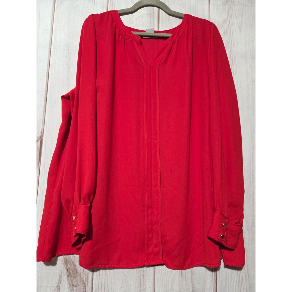 Liz Claiborne Signature Woman Red Chiffon Pintuck Blouse 1X Long Sleeve Top